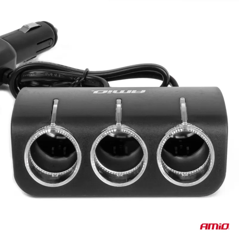 Trigubas prailgintuvo lizdo įkroviklis 1x USB A 1x žiebtuvėlio lizdas 12/24V 120W 80cm AMIO-04360