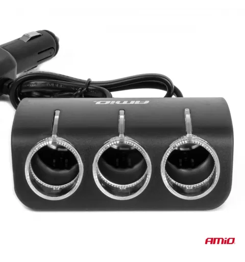 Trigubas prailgintuvo lizdo įkroviklis 1x USB A 1x žiebtuvėlio lizdas 12/24V 120W 80cm AMIO-04360