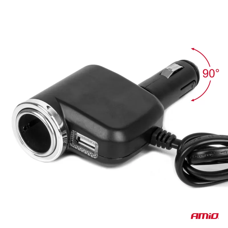 Trigubas prailgintuvo lizdo įkroviklis 1x USB A 1x žiebtuvėlio lizdas 12/24V 120W 80cm AMIO-04360