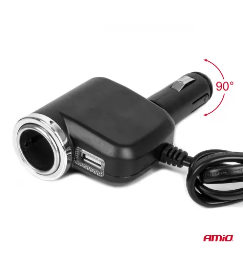 Trigubas prailgintuvo lizdo įkroviklis 1x USB A 1x žiebtuvėlio lizdas 12/24V 120W 80cm AMIO-04360