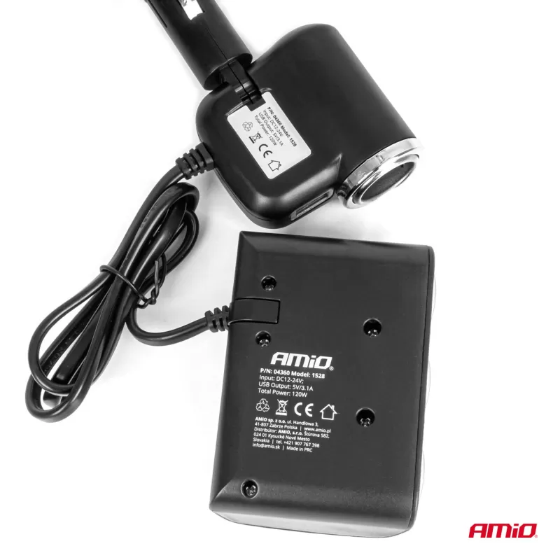 Trigubas prailgintuvo lizdo įkroviklis 1x USB A 1x žiebtuvėlio lizdas 12/24V 120W 80cm AMIO-04360