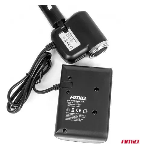 Trigubas prailgintuvo lizdo įkroviklis 1x USB A 1x žiebtuvėlio lizdas 12/24V 120W 80cm AMIO-04360