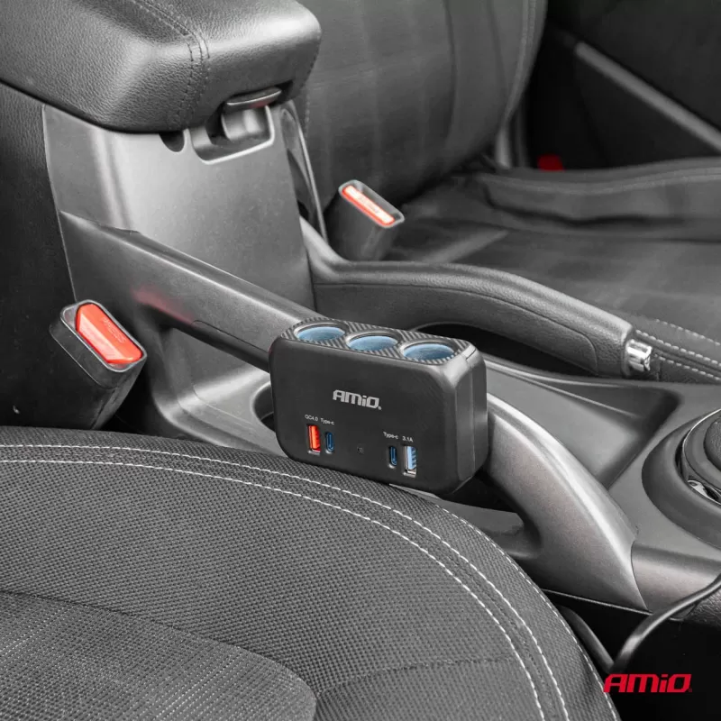 Trigubas prailgintuvo lizdo įkroviklis 1x USB A 1x USB C QC 4.0 12/24V 120W 80cm AMIO-04365