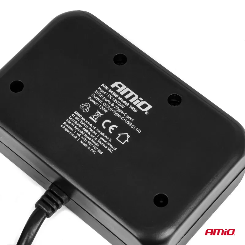 Trigubas prailgintuvo lizdo įkroviklis 1x USB A 1x USB C QC 4.0 12/24V 120W 80cm AMIO-04365
