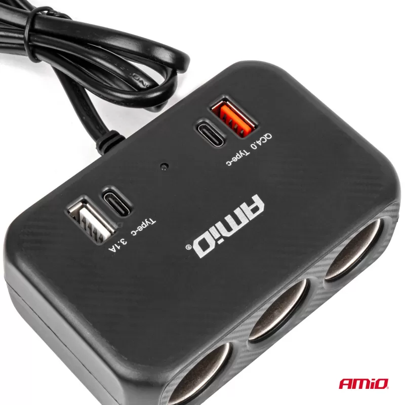 Trigubas prailgintuvo lizdo įkroviklis 1x USB A 1x USB C QC 4.0 12/24V 120W 80cm AMIO-04365
