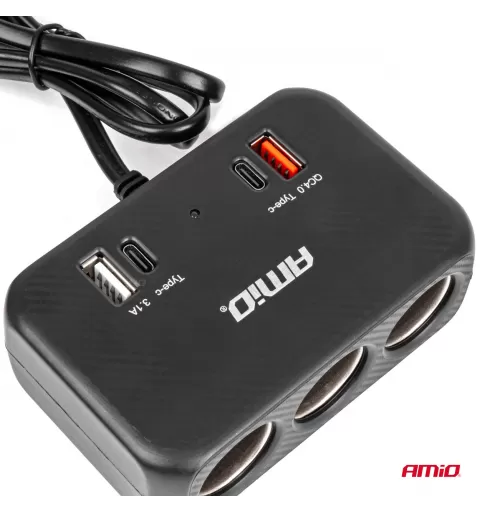 Trigubas prailgintuvo lizdo įkroviklis 1x USB A 1x USB C QC 4.0 12/24V 120W 80cm AMIO-04365