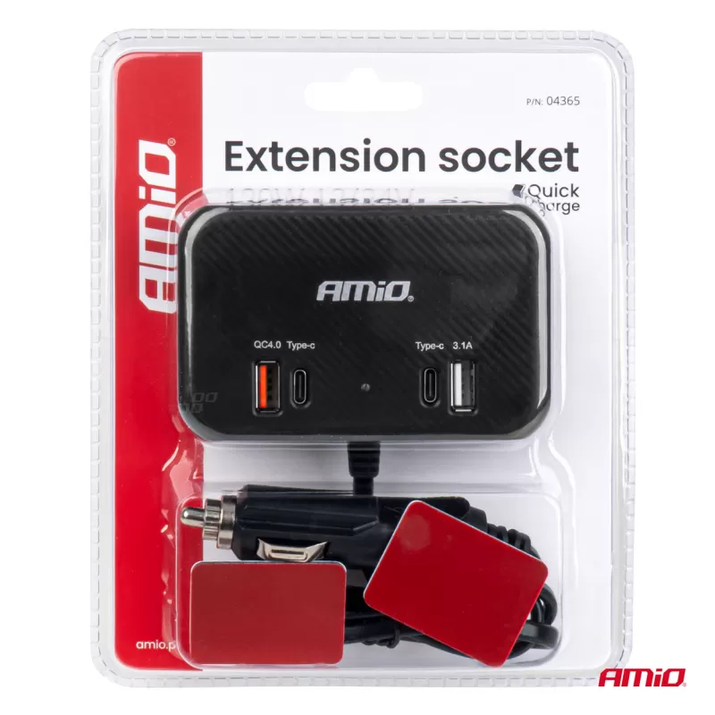 Trigubas prailgintuvo lizdo įkroviklis 1x USB A 1x USB C QC 4.0 12/24V 120W 80cm AMIO-04365
