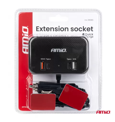 Trigubas prailgintuvo lizdo įkroviklis 1x USB A 1x USB C QC 4.0 12/24V 120W 80cm AMIO-04365