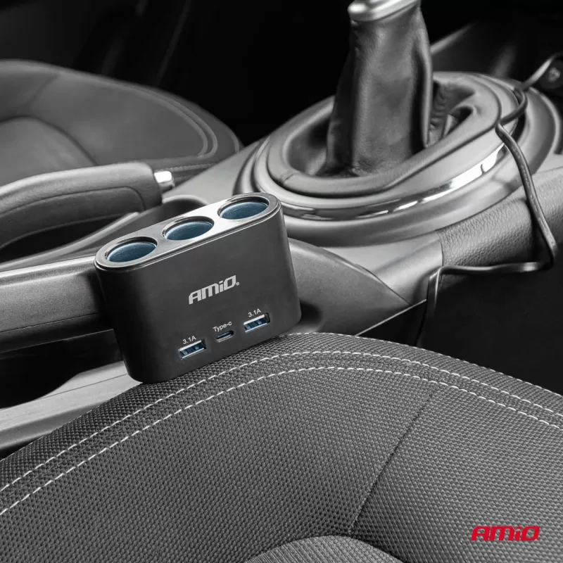 Trigubas prailgintuvo lizdo įkroviklis 2x USB A 1x USB C 12/24V 120W 70cm AMIO-04361