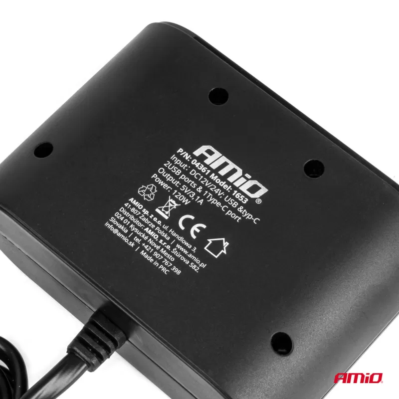 Trigubas prailgintuvo lizdo įkroviklis 2x USB A 1x USB C 12/24V 120W 70cm AMIO-04361