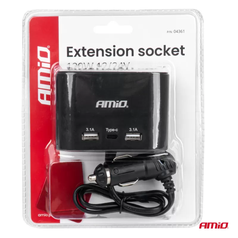 Trigubas prailgintuvo lizdo įkroviklis 2x USB A 1x USB C 12/24V 120W 70cm AMIO-04361