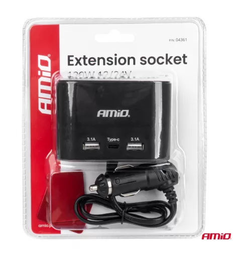 Trigubas prailgintuvo lizdo įkroviklis 2x USB A 1x USB C 12/24V 120W 70cm AMIO-04361