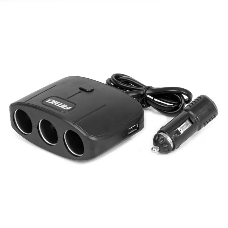Trigubas prailgintuvo lizdo įkroviklis 2x USB A su ON/OFF mygtuku 12/24V 100W 70cm AMIO-04362