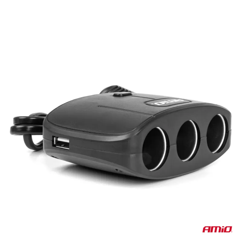 Trigubas prailgintuvo lizdo įkroviklis 2x USB A su ON/OFF mygtuku 12/24V 100W 70cm AMIO-04362
