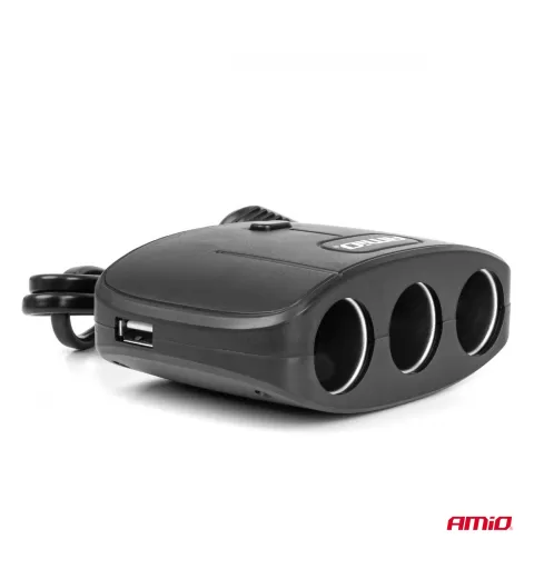 Trigubas prailgintuvo lizdo įkroviklis 2x USB A su ON/OFF mygtuku 12/24V 100W 70cm AMIO-04362