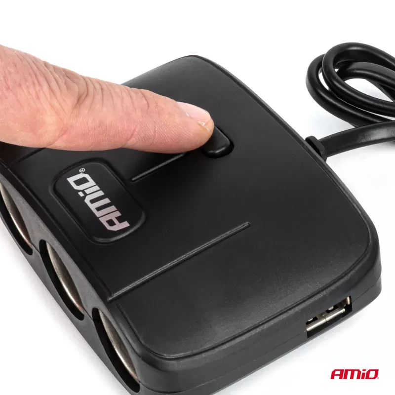 Trigubas prailgintuvo lizdo įkroviklis 2x USB A su ON/OFF mygtuku 12/24V 100W 70cm AMIO-04362