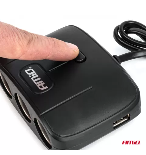Trigubas prailgintuvo lizdo įkroviklis 2x USB A su ON/OFF mygtuku 12/24V 100W 70cm AMIO-04362