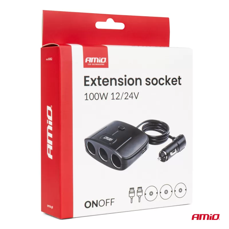 Trigubas prailgintuvo lizdo įkroviklis 2x USB A su ON/OFF mygtuku 12/24V 100W 70cm AMIO-04362