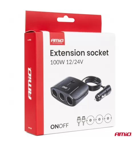 Trigubas prailgintuvo lizdo įkroviklis 2x USB A su ON/OFF mygtuku 12/24V 100W 70cm AMIO-04362
