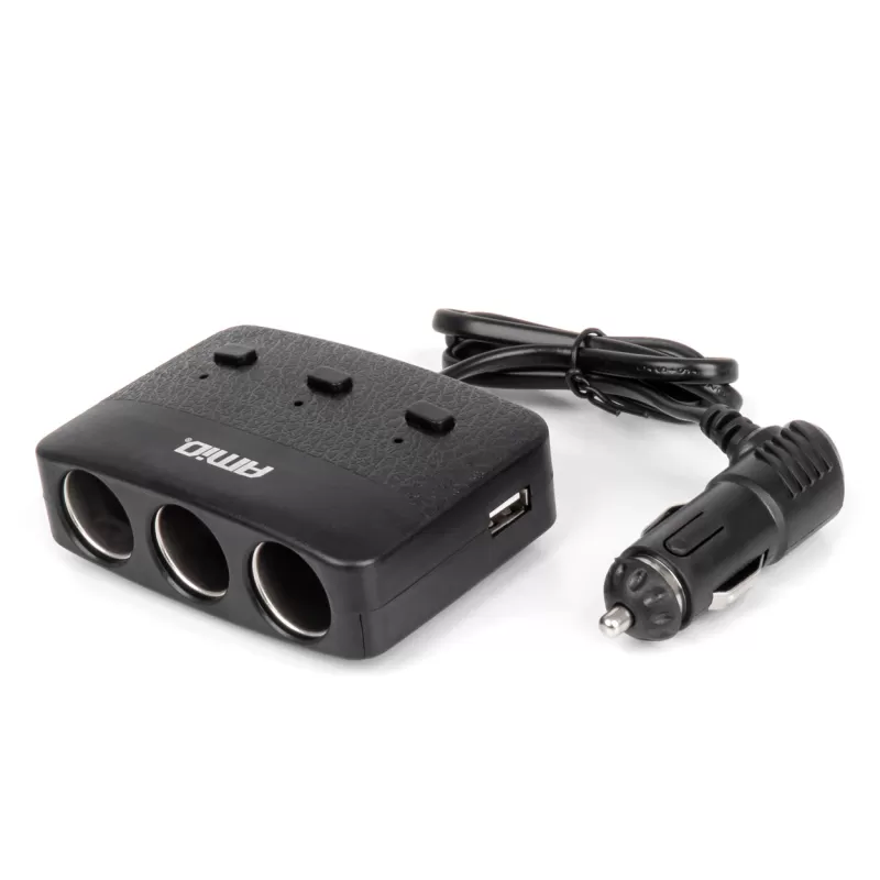 Trigubas prailgintuvo lizdo įkroviklis 2x USB A su ON/OFF mygtuku ir LED indikatoriumi 12/24V 100W 70cm AMIO-04363