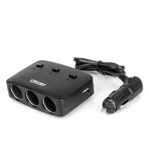 Trigubas prailgintuvo lizdo įkroviklis 2x USB A su ON/OFF mygtuku ir LED indikatoriumi 12/24V 100W 70cm AMIO-04363