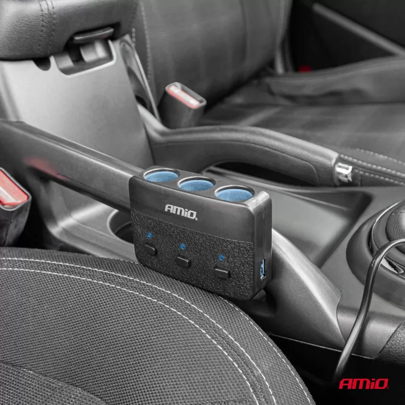 Trigubas prailgintuvo lizdo įkroviklis 2x USB A su ON/OFF mygtuku ir LED indikatoriumi 12/24V 100W 70cm AMIO-04363