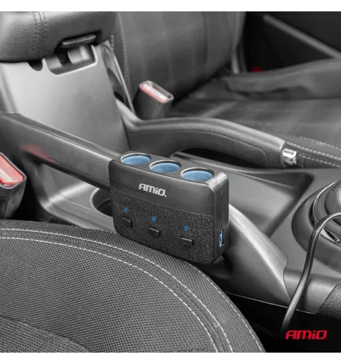 Trigubas prailgintuvo lizdo įkroviklis 2x USB A su ON/OFF mygtuku ir LED indikatoriumi 12/24V 100W 70cm AMIO-04363