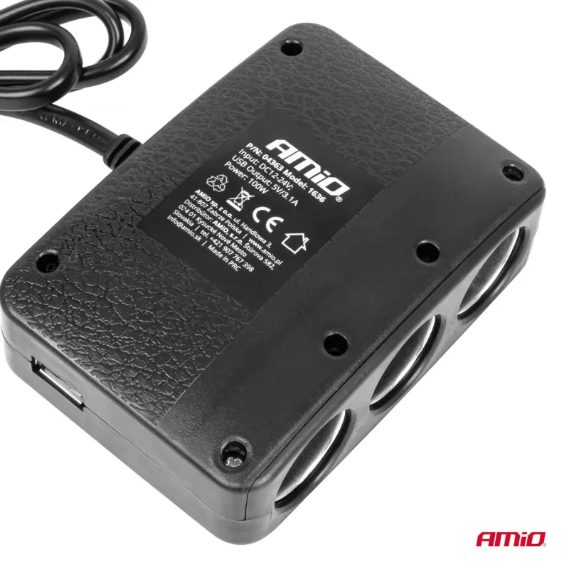 Trigubas prailgintuvo lizdo įkroviklis 2x USB A su ON/OFF mygtuku ir LED indikatoriumi 12/24V 100W 70cm AMIO-04363