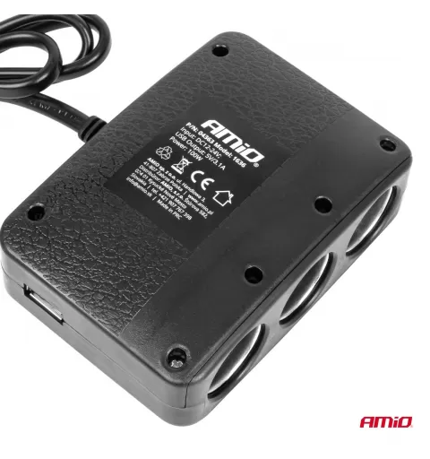 Trigubas prailgintuvo lizdo įkroviklis 2x USB A su ON/OFF mygtuku ir LED indikatoriumi 12/24V 100W 70cm AMIO-04363