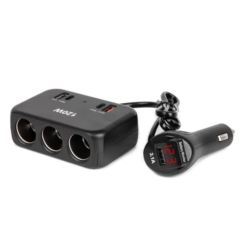 Trigubas prailgintuvo lizdo įkroviklis su skaitmeniniu ekranu 2x USB A 1x USB C QC 4.0 12/24V 120W 80cm AMIO-04366
