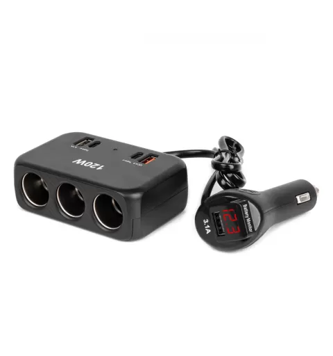 Trigubas prailgintuvo lizdo įkroviklis su skaitmeniniu ekranu 2x USB A 1x USB C QC 4.0 12/24V 120W 80cm AMIO-04366