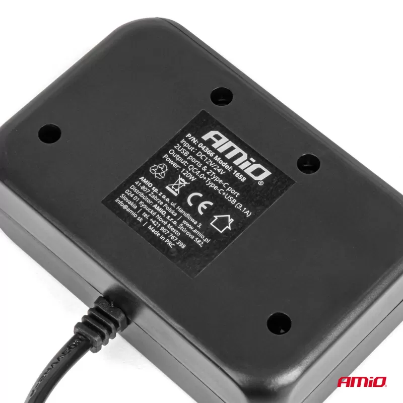 Trigubas prailgintuvo lizdo įkroviklis su skaitmeniniu ekranu 2x USB A 1x USB C QC 4.0 12/24V 120W 80cm AMIO-04366