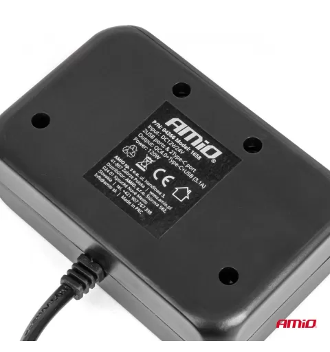 Trigubas prailgintuvo lizdo įkroviklis su skaitmeniniu ekranu 2x USB A 1x USB C QC 4.0 12/24V 120W 80cm AMIO-04366