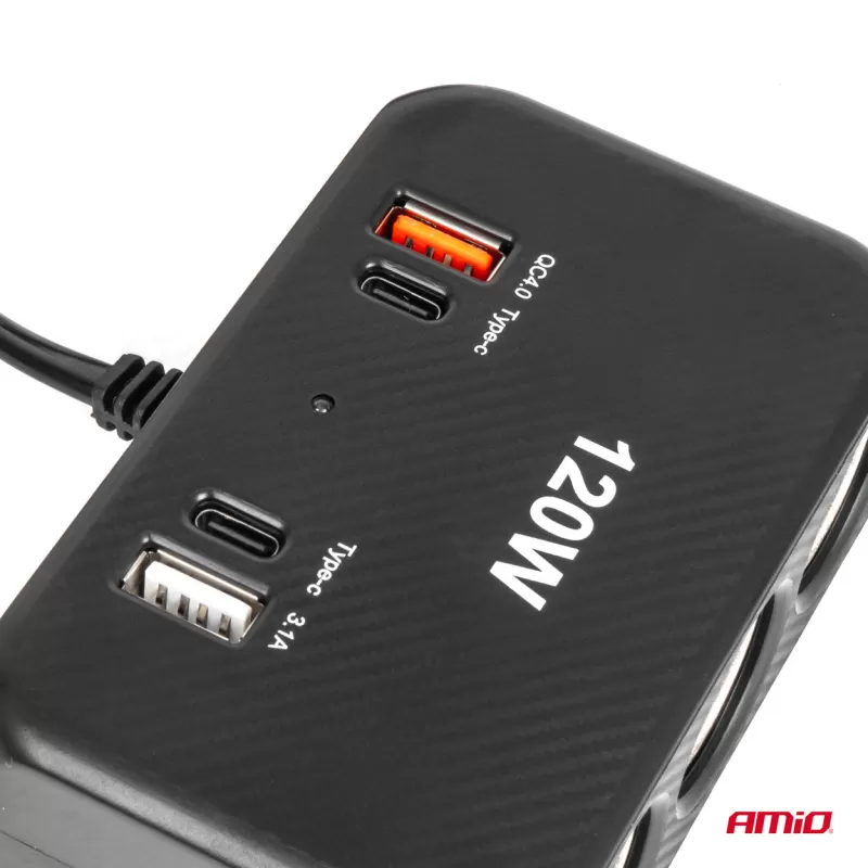 Trigubas prailgintuvo lizdo įkroviklis su skaitmeniniu ekranu 2x USB A 1x USB C QC 4.0 12/24V 120W 80cm AMIO-04366