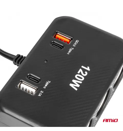 Trigubas prailgintuvo lizdo įkroviklis su skaitmeniniu ekranu 2x USB A 1x USB C QC 4.0 12/24V 120W 80cm AMIO-04366
