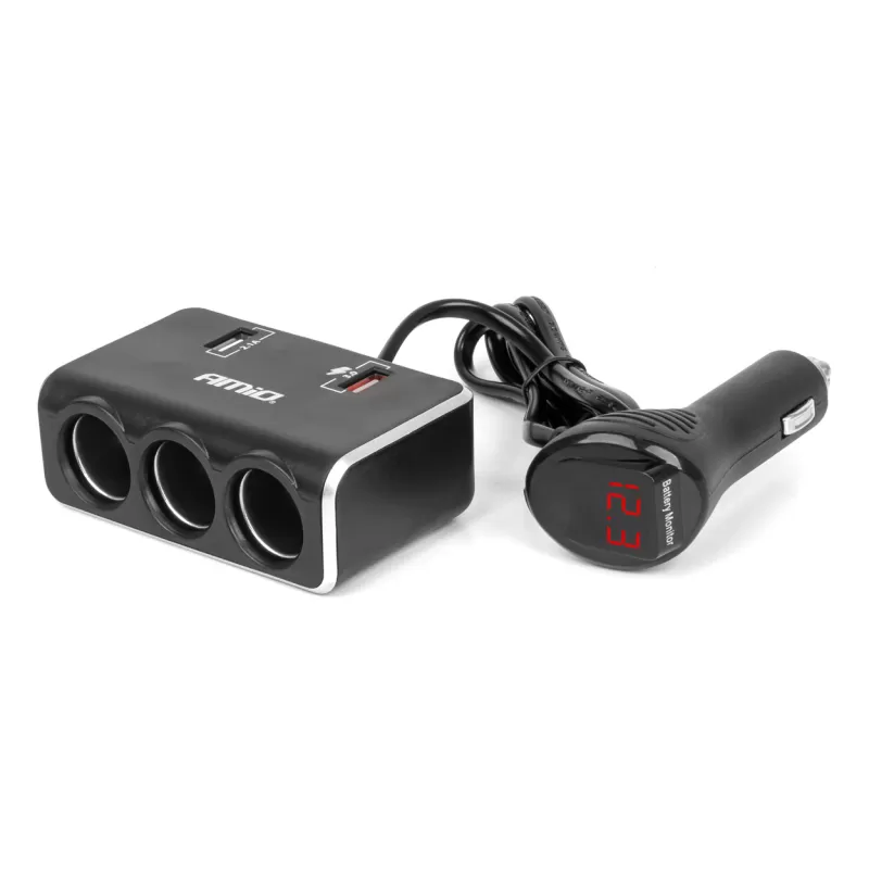 Trigubas prailgintuvo lizdo įkroviklis su skaitmeniniu ekranu 2x USB A QC 3.0 12/24V 120W 80cm AMIO-04364