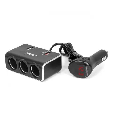 Trigubas prailgintuvo lizdo įkroviklis su skaitmeniniu ekranu 2x USB A QC 3.0 12/24V 120W 80cm AMIO-04364