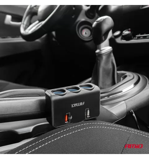 Trigubas prailgintuvo lizdo įkroviklis su skaitmeniniu ekranu 2x USB A QC 3.0 12/24V 120W 80cm AMIO-04364