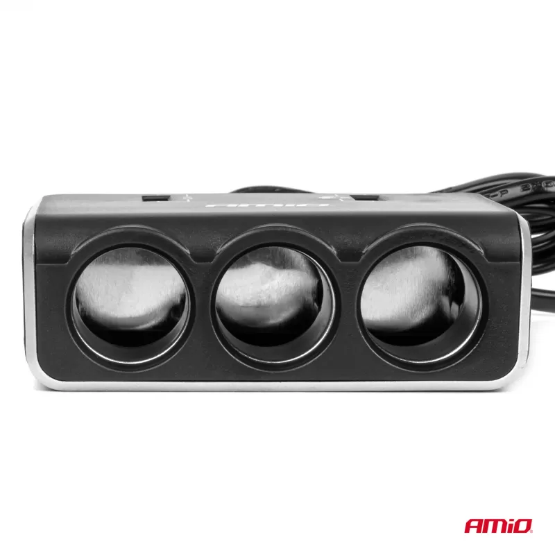 Trigubas prailgintuvo lizdo įkroviklis su skaitmeniniu ekranu 2x USB A QC 3.0 12/24V 120W 80cm AMIO-04364