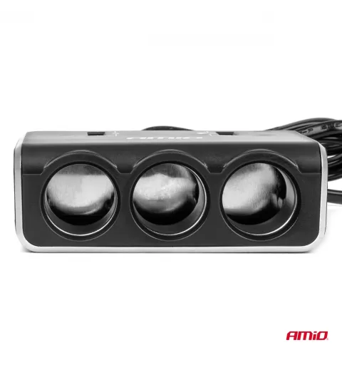Trigubas prailgintuvo lizdo įkroviklis su skaitmeniniu ekranu 2x USB A QC 3.0 12/24V 120W 80cm AMIO-04364