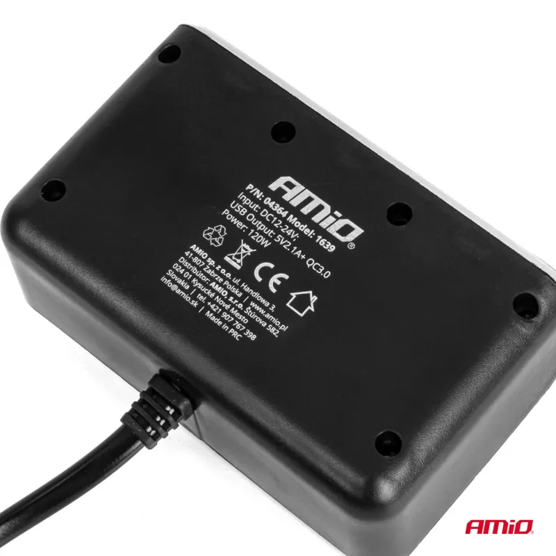 Trigubas prailgintuvo lizdo įkroviklis su skaitmeniniu ekranu 2x USB A QC 3.0 12/24V 120W 80cm AMIO-04364