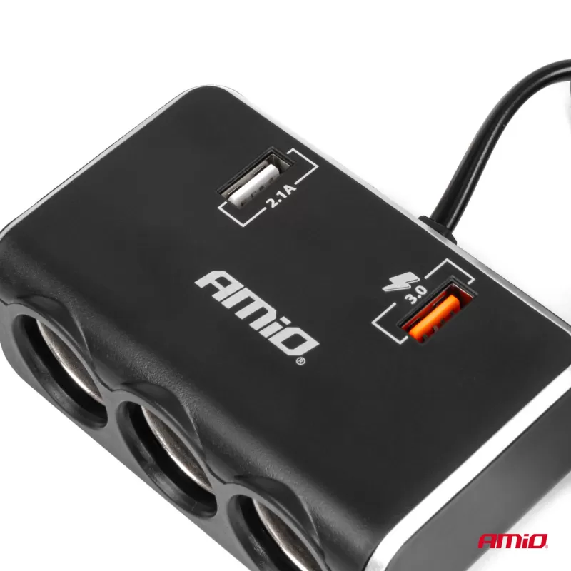 Trigubas prailgintuvo lizdo įkroviklis su skaitmeniniu ekranu 2x USB A QC 3.0 12/24V 120W 80cm AMIO-04364