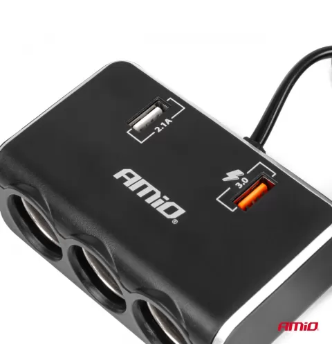 Trigubas prailgintuvo lizdo įkroviklis su skaitmeniniu ekranu 2x USB A QC 3.0 12/24V 120W 80cm AMIO-04364
